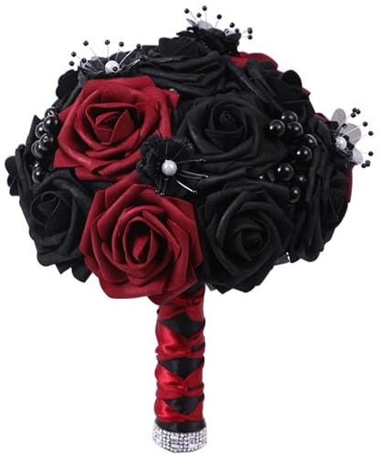 Otbushit Schwarzer Rosenstrauß, 24, 9 cm, künstlicher Gothic-Hochzeitsbrautstrauß, rote und Schwarze Rosen für Braut, Brautjungfer, Hochzeit, Verlobung, Blumensträuße für die Braut, Kunststoffdekorat