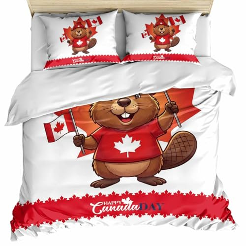 Debedcor Canada Beavers Duvet Cover Full Size, Modern Chic Maple Leaf Red Brown Comforter Cover with Zipper Closure, 3 Piece Bedding Sets 1 Duvet Cover 86x86 Inches and 2 Pillow Shams