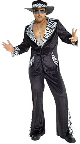 Morph Svart 70-talskostym för Herr - elegantsliknande Kavaj med Zebraprintdetaljer, Matchande Byxor & Hatt, L