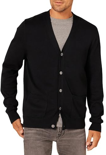Amazon Essentials Herren Strickjacke aus Baumwolle, Schwarz, L