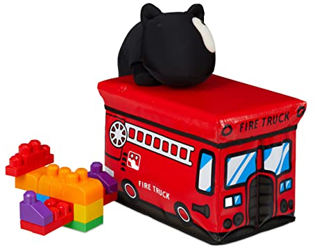 Relaxdays Spielzeugkiste faltbar, Feuerwehr, Aufbewahrungsbox m. Stauraum & Deckel, gepolstert, HBT 27 x 40 x 25 cm, rot