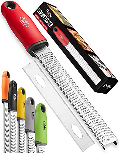 Orblue Rallador de limón y queso – Rallador multifuncional premium para parmesano, jengibre, chocolate, frutas, verduras – Cuchillas de acero inoxidable ultra afiladas con cubierta protectora, rojo