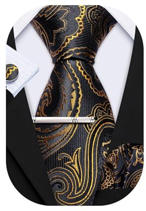 Barry.Wang - Set con cravatta da uomo in seta stile plaid, con fazzoletto e gemelli, a righe, per matrimoni e feste, 3 pezzi