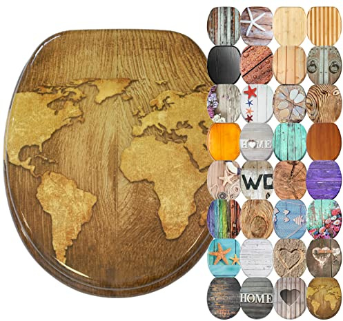 Sanilo Abattant WC avec frein de chute, Grande sélection de lunettes de toilette en bois, Finition de haute qualité (Carte Du Monde)