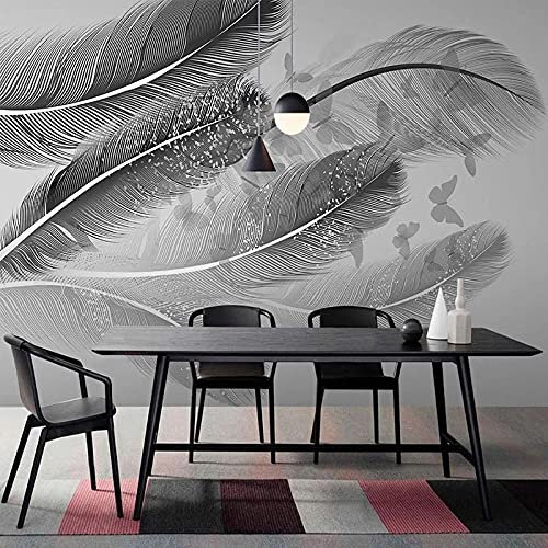 Benutzerdefinierte Größe Selbstklebende Tapete Nordic Modern Minimalist 3D Schwarz Weiß Grau Feder Schmetterling Tv Sofa Hintergrund Wandbilder,200(W)*140(H)Cm