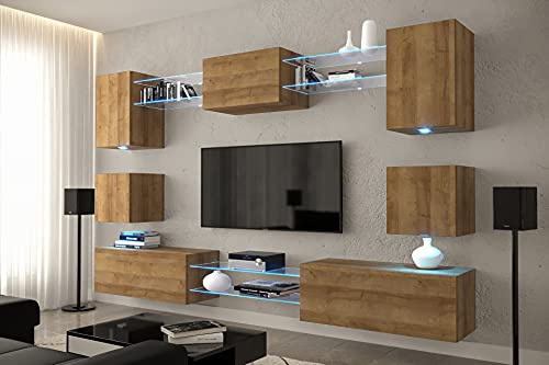 Furnitech Wohnwand | Wohnzimmer Möbel Mit LED RGB - 16 Farben | Hängend Modern | Schrankwand Mit Regale Und TV Schrank (Nowara AN1-17DZ-M4-1A-NEW)