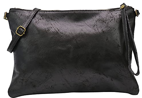 SH Leder, borsetta a tracolla in vera pelle Clara, pochette, borsa da sera, vintage look, taglia media, 33 x 22 cm, G396, Nero , m