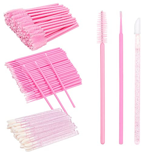 300 PCS Eyelash Extension Supplies Kit Disposable Micro Brush Eyebrow Lash Spoolies Lip Stick Brush Mascara Wand Applicator Makeup Brush Tool (Pink Sets)