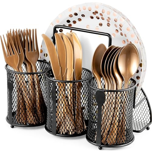 DTICON Utensil Organizer Silverware Caddy - Utensil Holder for Party Metal Cutlery Organizer Silverware Storage for Picnic Camping Buffet Kitchen Table (Black)