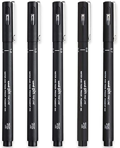 Uni Pin Fineliner Drawing Pen - Broad Set of 5 Grades - Black Ink