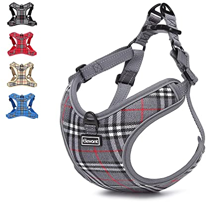 Elevant Dog Harness Adjustable, Step-in Reflective Breathable Harness, Soft Padded Lightweight Vest Harness with Front Clip Escape Proof Easy Control for Outdoor Walking Training (M, Grey Plaid)