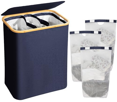 AdelDream 160L Wäschekorb mit Deckel 3 Fächer Wäschekorb Wäschesack schmal - Wäschesortierer Wäschebox Wäschetonne Wäschesammler mit Deckel Wäschetruhe Wäschekörbe laundry baskets Navy Blau