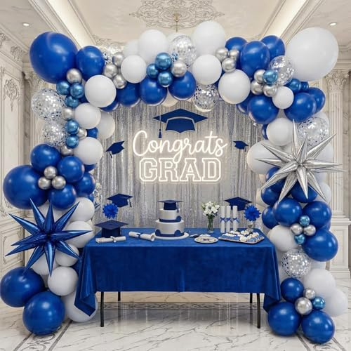 Royal blue White Silver balloon Garland Arch Kit Metallic Blue Balloons with Starburst foil balloons for 2025 Graduation Men birthday decorations Prom Ceremony supplies
