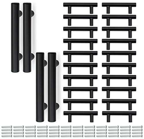 Bwintech 24 Piezas 100MM (64MM Agujero Central) Negro Mate Tirador de Gabinete Tiradores de Cocina T Bar, Acero Inoxidable, Ideal para Gabinete, Cajón, Armario