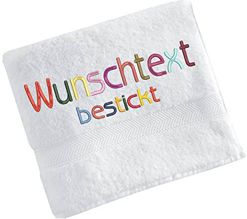Handtuch Bestickt mit Namen oder Wunschtext, Handtuch Bestickt, Stickerei, individuelles Handtuch, 100% Baumwolle, 100 x 50 cm (Weiss)