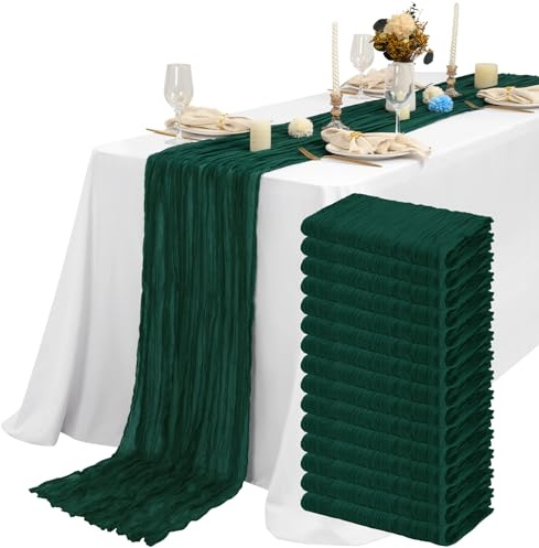 Teruntrue Käsetuch Tischläufer 15 Stück Dunkelgrün Seihtuch Tischläufer Grün Transluzent Tüll Tischdecke 55x300cm, Rustikaler Gaze-Stoff Boho-Tischläufer für Hochzeitsfeier Brautparty Tischdekoration