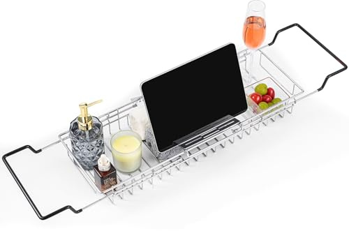TAILI Bathtub Tray Table for Luxury Bath, Expandable Extra Wide Bthtub Caddy with Reading Holder, 304 Stainless Steel Over The Tub Bath Tray for Bathroom Accessories