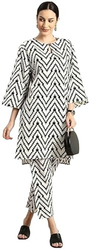 LookMark Conjunto de pantalón Kurta recto de mezcla de algodón estampado para mujer, elegante conjunto étnico para mujeres modernas, perfecto para cualquier ocasión, blanco, S