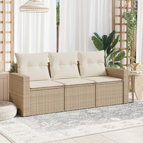 Homgoday Gartensofa 3-Sitzer mit Kissen Gartenlounge Sofa Mit Stauraum Gartenmöbel Sitzgruppe Loungesofa Balkonsofa Balkonmöbel Gartensofa Terrassensofa Beige Poly Rattan