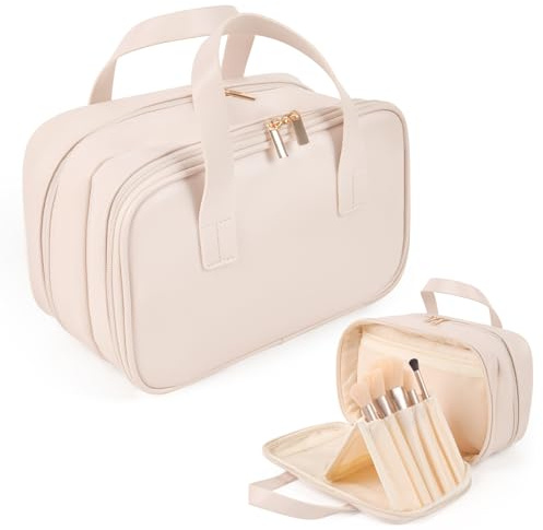 HERYEBING Kosmetiktasche Volle Größe Kulturtasche Damen Große Reise Make-up Taschen Organizer, PU-Leder Kosmetikkoffer mit Makeup Pinsel Fach, wasserdichte Kulturbeutel für Herren Damen (Weiß)