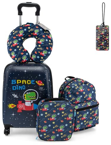 RELAX4LIFE Juego de Maleta para Niños de 5 Piezas con Maleta de Mano 38 cm, Mochila de 33 cm, Cojín para el Cuello, Bolsa de Almuerzo Aislada, Etiqueta, Maleta con Ruedas Rígidas, Negro