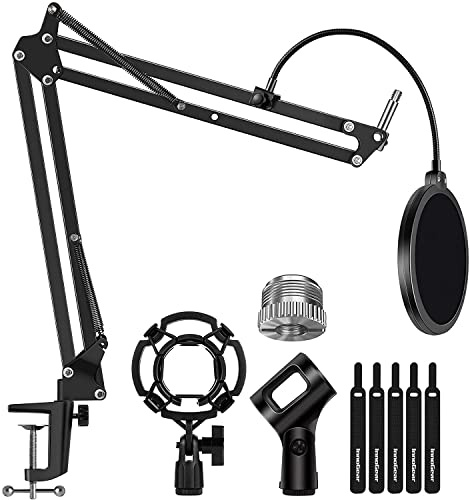 Microphone Stand for Blue Yeti, Quadcast Boom Arm Scissor Mic Stand with Windscreen and Double layered screen Pop Filter Heavy Duty Mic Boom Scissor Arm Stands, Broadcasting and Recording.Game