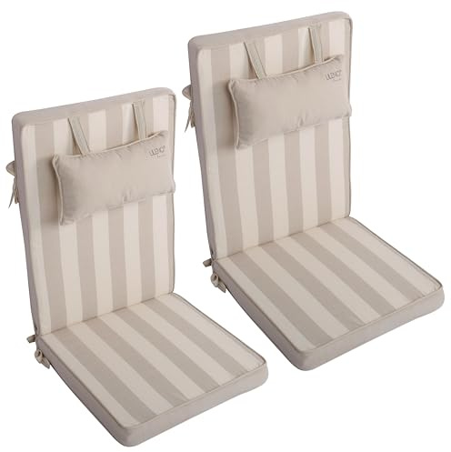 LILENO HOME Gartenstuhl Auflagen mit Kopfkissen [2er Set - Hochlehner] in | Blockstreifen Beige - Sitzauflagen für Gartenmöbel - Stuhlkissen für Gartenstühle und Klappstühle DUB