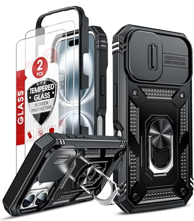 LeYi for iPhone 16 Case with Camera Cover Slider, 360° Full Body Armour Military Protective Tough Hard Phone Cover | 2 Tempered Glass Screen Protector | Ring Stand Holder for i Phone 16 Black
