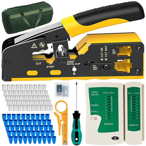 RJ45 Crimpzange,107 Stück Netzwerk Werkzeug Set,Tragbar Durchgang Crimpwerkzeug für Netzwerkstecker CAT5 /CAT6/CAT7,Multifunktional RJ45 Stecker Werkzeug mit Werkzeugtasche