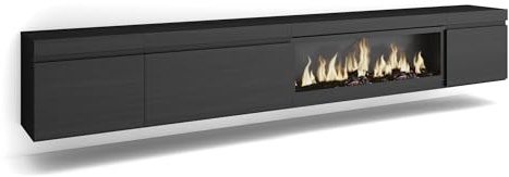 Skraut Home | TV-Schrank, Lowboard | für Wohnzimmer und Esszimmer | 288x45x35 cm | Für großformatiges TV | Elektrokamin XXL | Hängend | Moderner Stil | Schwarz