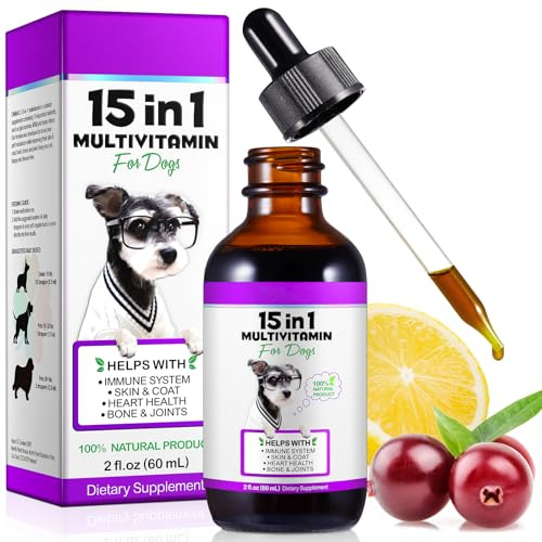 Gotas multivitamínicas 15-en-1 para perros, vitaminas y suplementos para perros, multivitamínicas naturales y minerales – Glucosamina, MSM para cadera y articulaciones, sistema inmunológico