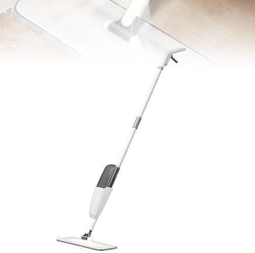 QIeAny Mocio A Spruzzo d'Acqua, Set per Pulizia A Umido E A Secco, Spruzzo d'Acqua A Pressione + Design Ugello Spray + Flanella in Fibra di Vetro + Giunti Girevoli + Tubo Ispessito,White