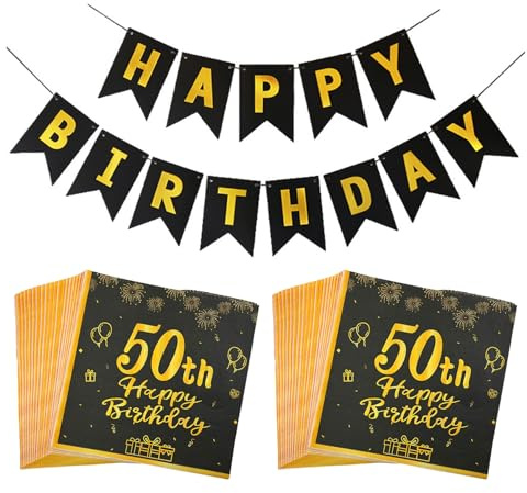 TYFGRT 40 Stück Taschentücher Zum 50. Geburtstag, 1 Stück Geburtstagsfahne, Geburtstagsdekorationsserviette, Happy Birthday-Serviette Für Männer Und Frauen, Party-Serviettendekoration