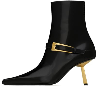 CAGLGLZ Black Ankle Booties for Women Pointed Toe Stiletto High Heel Patent Leather Metal Buckle Short Boots with Side Zipper Casual Party Dating Dress Shoes