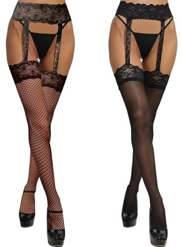 LFWZRY 2 Paia Calze per Reggicalze a Rete Donna, Floreale Alta alla Coscia, Sexy Moda Elastico Vita Alta Collant, Taglia Unica, Nero