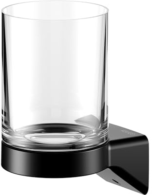 KEUCO Rose Zahnputzbecher aus Glas mit Halterung, ohne Bohren, schwarz | inkl. Klebeset und Schraubset, Glashalter aus Metall zum Kleben oder Schrauben