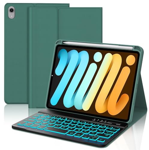 IVEOPPE Tangentbord för iPad mini 7 (A17 pro) 2024/Mini 6 2021, fodral med tangentbord, Bluetooth, avtagbar belysning, QWERTZ för iPad mini 6a/7a generazion 8,3 tum, mörkgrön