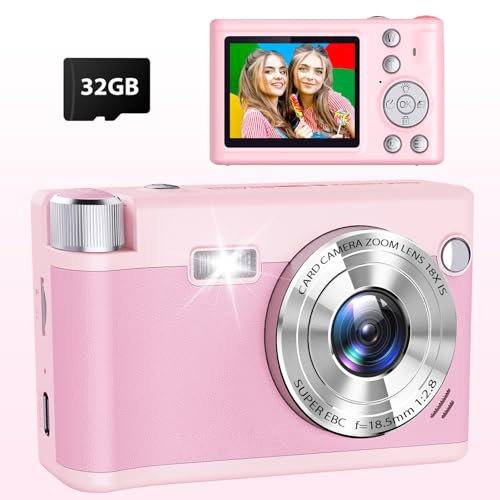 Cámara Digital Compacta, 48MP 1080P HD Autofocus Camara de Fotos con 32GB Tarjeta 1300mAh Baterías, 18X Zoom Digital, Camera Portátil para Estudiantes Adolescentes Principiantes Niños Infantil, Rosa