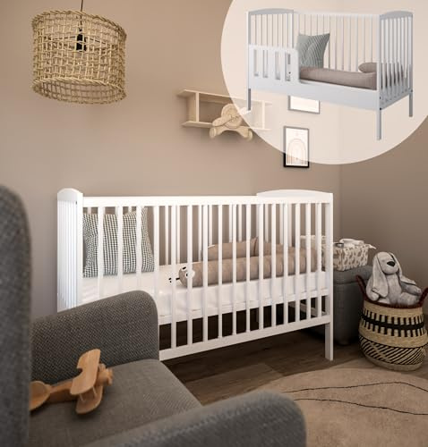 ZEE - Babybett Kinderbett, 2w1 Bett Grześ - Dreistufige Einstellung, Nicht Sitzendes, Sitzendes und Stehendes Kind - Schutzbeißring - Zwei abnehmbare Sprossen - mit Geländer - 60x120x87,5cm, Weiß