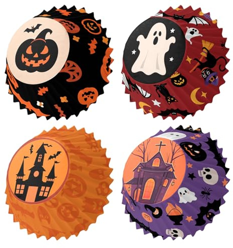 MORAINJAY 200P Moldes para Cupcakes Halloween,Cápsulas para Magdalenas con Diseños de Calabaza, Murciélago y Fantasma, Papel de Hornear Anti-grasa para Fiestas y Repostería(Mixto)