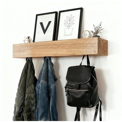 GK KRAUTLING - Design Wandgarderobe aus Holz – Versteckte Haken & Ablage – Minimalistisches Regal aus Eiche für Flur, Wohnzimmer oder Büro (modern, 5 Haken)