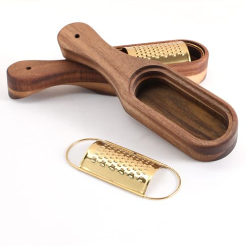 Râpe à fromage avec récipient – Outil en acier inoxydable avec collecteur de bois amovible, râpe pour fromage et légumes, cuillère de cuisine portable multifonction (doré)
