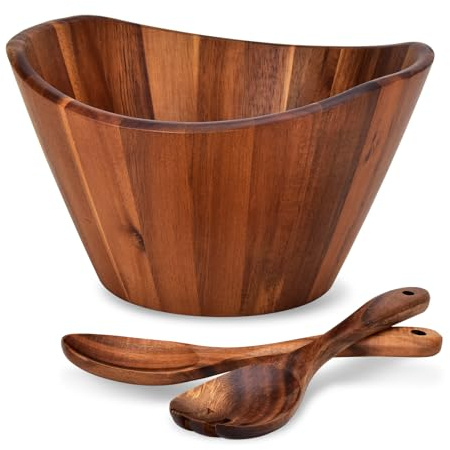 hoziel Ensaladera de madera de acacia, cuenco de frutas y verduras, cuenco grande ondulado de 12 pulgadas con cuchara y tenedor para servir, hecho a mano, duradero y elegante servidor de comedor de