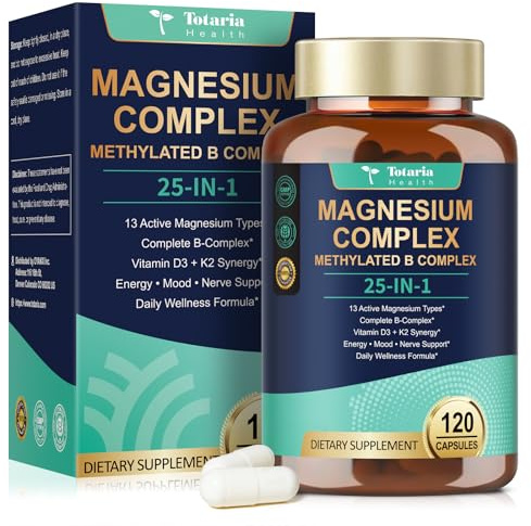 25-in-1 Magnesium Complex with Methylated B Complex Magnesium Glycinate Citrate Malate Taurate Gluconate Aspartate Carbonate D3 K2, Magnesium Supplement for Relaxation Energy & Nerve, 120 Vegan Caps