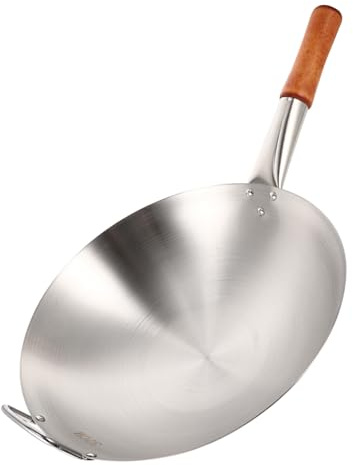 POPETPOP Sartén de Cocina Wok Doméstico 32 Cm Acero Inoxidable Mango de Madera Ergonómico Apto para Cocina Familiar Restaurante Color Aleatorio