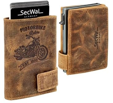 SecWal Portafoglio Uomo Donna con Goffratura Moto e Portamonete XXL a Scatola Viennese con Chiusura a Pressione – Vera Pelle – Protezione RFID – Made in Germany (Marrone Hunter)