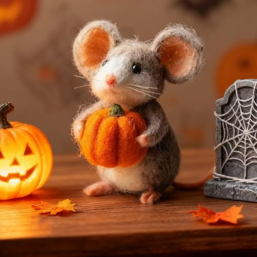 Ratón de fieltro de lana de Halloween, adorable ratón de calabaza de Halloween con sombrero de bruja, figura de ratón de fieltro de lana hecha a mano, bonito adorno de ratón de fieltro de aguja