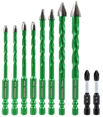 KURSTOL Punta per Trapano in Carburo, 10 pezzi 5*2/6*2/8*2/10/12mm Punta Trapano con punta per Cacciavite PH2 per Piastrelle Ceramica Legno Plastica Muratura Cemento Vetro, Gambo a Cambio Rapido