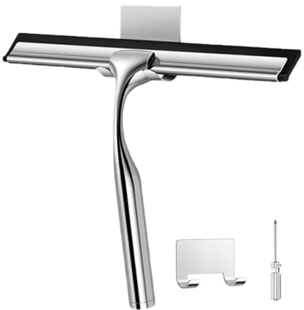 Shower Squeegee, 10 Inch Stainless Steel Shower Wiper Scraper, Shower Car Window Cleaning Tool with Hook, Shower Glass Cleaner for Bathroom, Kitchen, Mirrors, Cars, Windows
