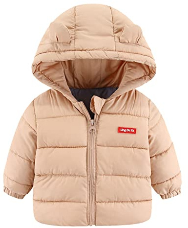 OBiQuzz Giacca trapuntata per bambini: piumino leggero, giacca a buffer, calda giacca invernale con chiusura lampo, giacca con cappuccio con orecchie d'orso, tinta unita, per attività all'aria aperta